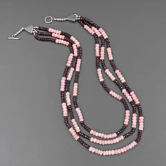 Classic Triple Stranded Pink Opal and Garnet Necklace