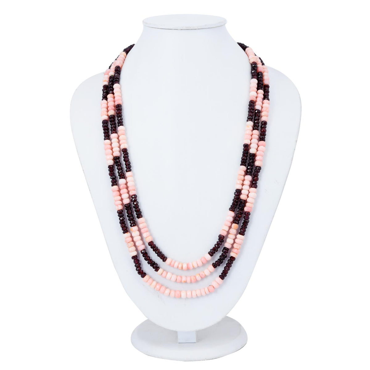 Classic Triple Stranded Pink Opal and Garnet Necklace