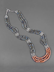 Contemporary Multi Stranded Sunstone Spectrolite Silvery Oxidised Necklace