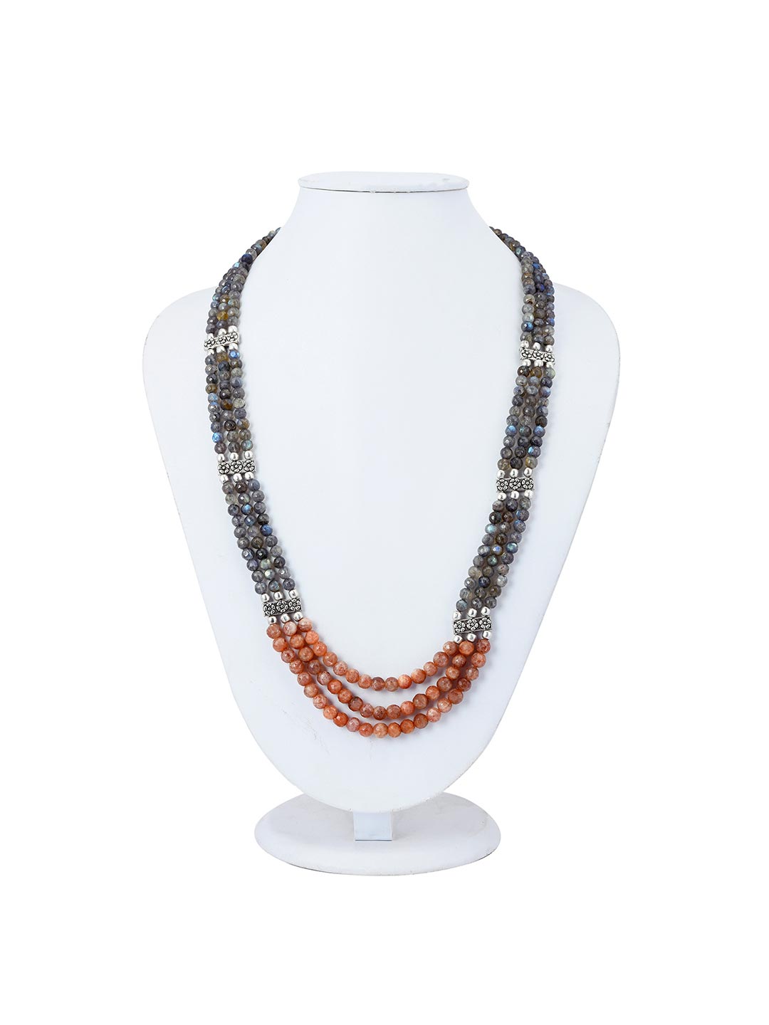 Contemporary Multi Stranded Sunstone Spectrolite Silvery Oxidised Necklace