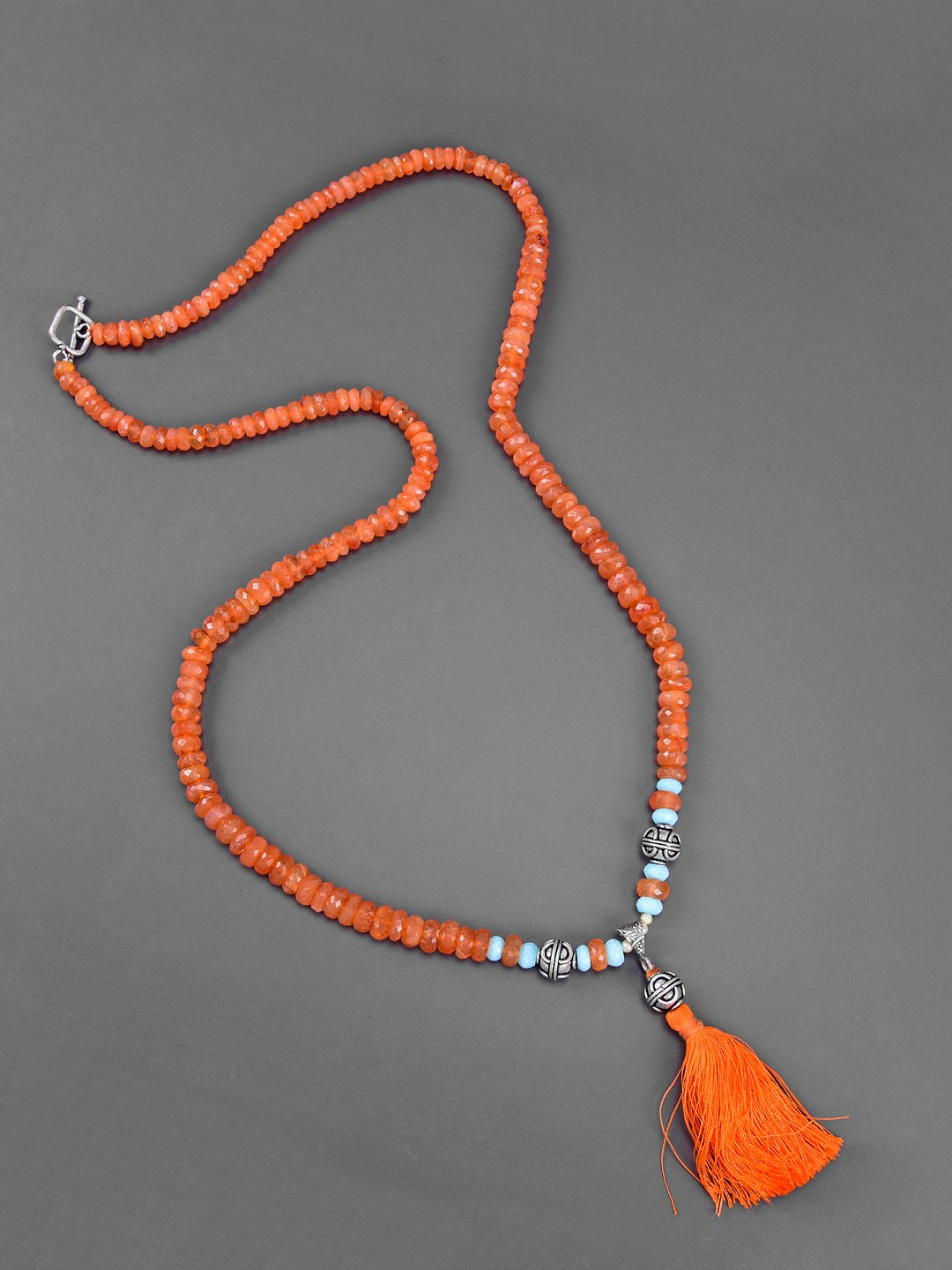 Contemporary Single Stranded Fire Opal Tassel Necklace