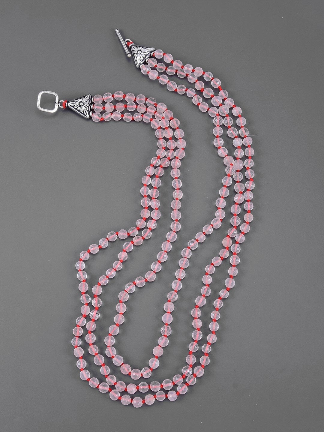 Classic Triple Stranded Rose Quartz Knotted Necklace