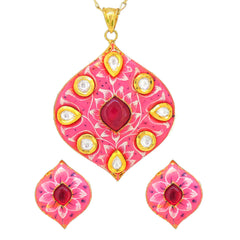 Floral Kundan Meena and Enamelled Fusion Pendant Set