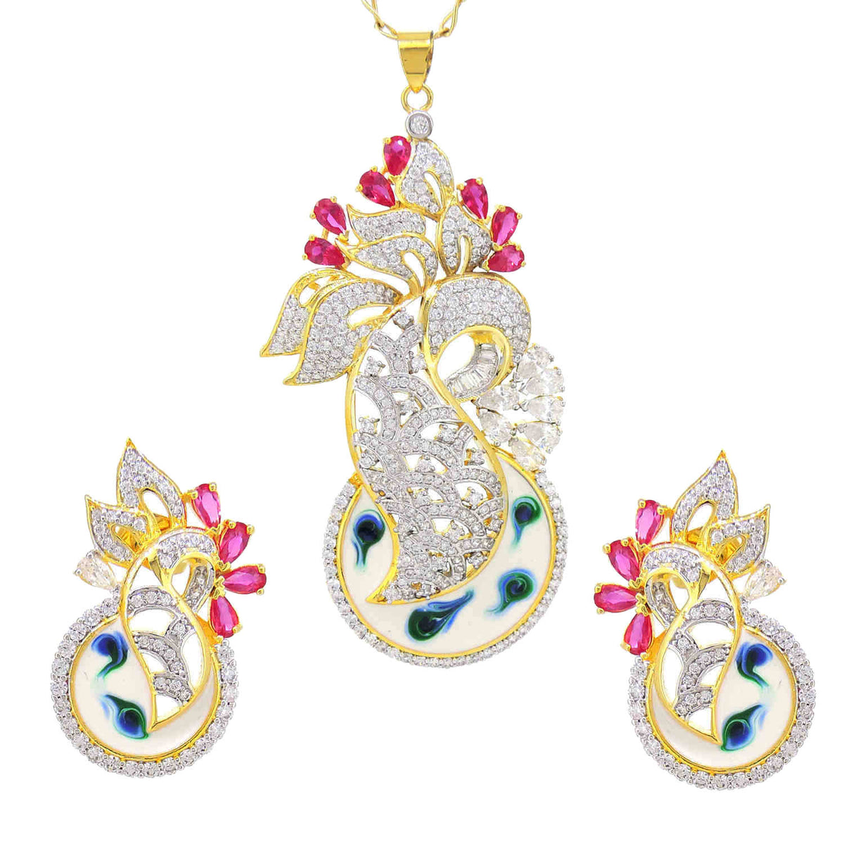 Floral Enamelled Two Tone Traditional Pendant Set