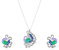 Peacock Enamelled International Diamonds Designer Pendant Set