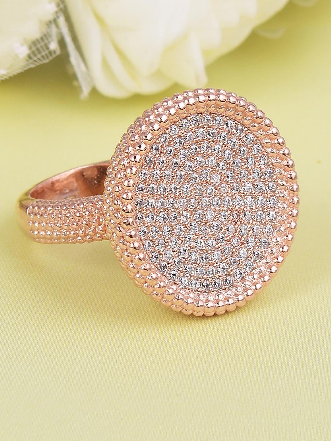 American Diamonds Pave Set Rose Gold Plated Designer Cocktail Ring