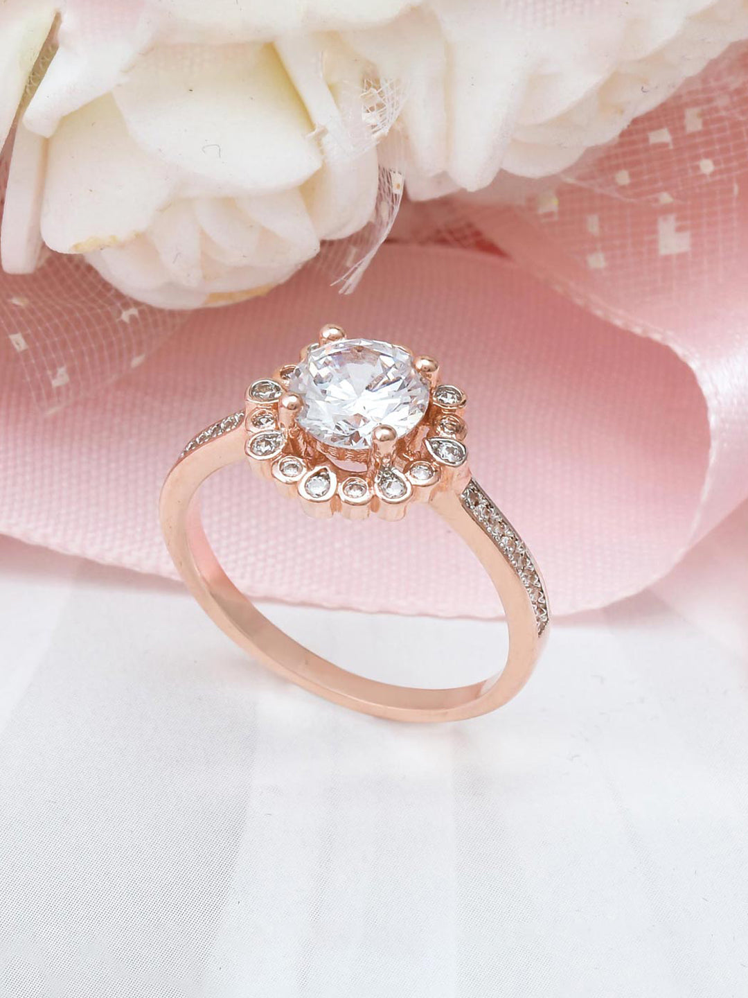 Floral Rose Gold Plated Solitaire Ring